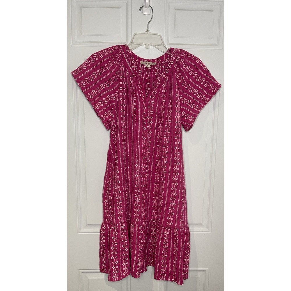 Coastal Comfort Dress Women's Medium Flutter Sleeve Button Front Gauzy Pink